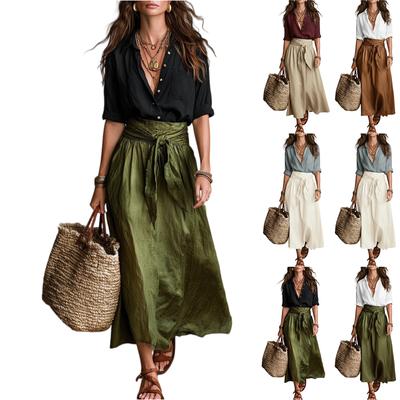 Women Casual Two Piece Set Shirt and Skirt Lightweight Summer Spring Outfit Loose Fit Button Down Shirt with High Waist Tie Skirt