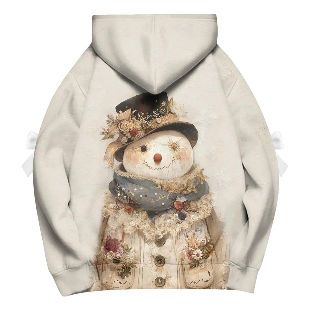 Ladies' Christmas Printed Bow Long Sleeved Loose Fitting Headband With Rope Hooded Sweatshirt Top