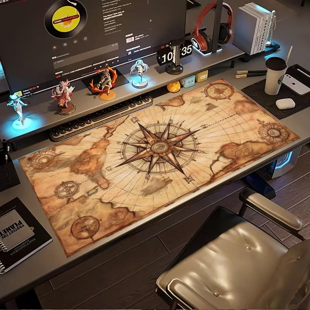 Vintage Compass World Map Large Gaming Desk Mat Non Slip Rubber Mouse Pad Stitched Edge Keyboard Mat Laptop Game Accessory
