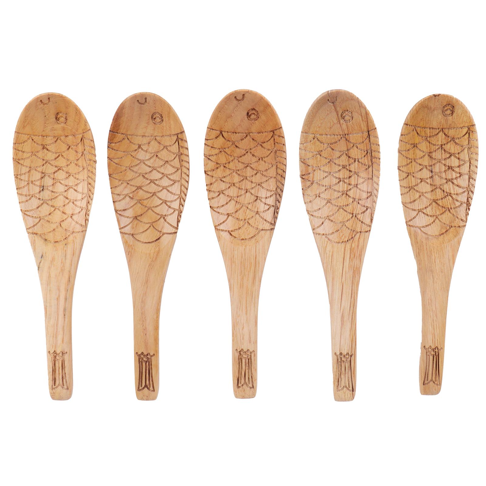 5Pcs Wood Rice Spoon Innovative FishShaped Carving Soup Ladle Tableware Kitchen Utensil