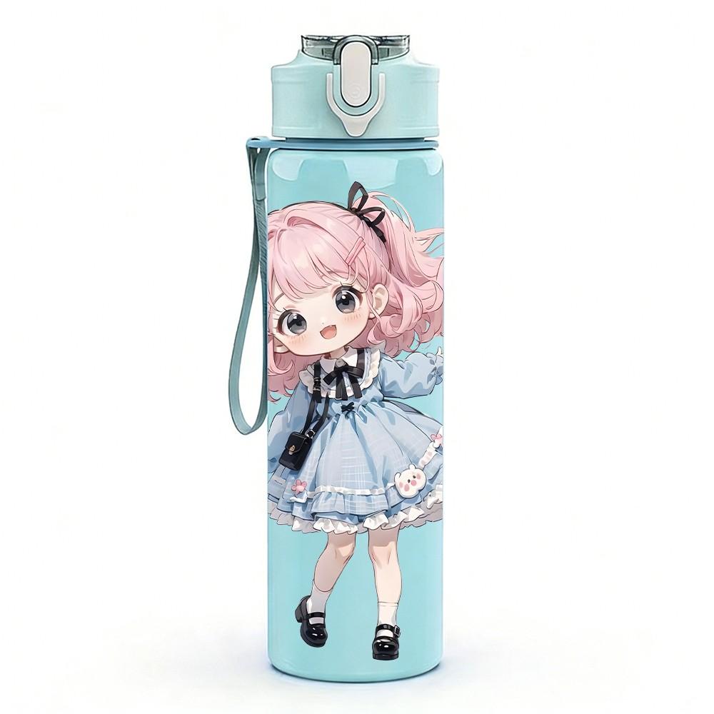 1PC Pink Hair Girl Blue Bubble Pattern 750ml Color Plastic Sports Water Bottle Leakproof Flip Straw Lid Suitable for Sports Office Home Use