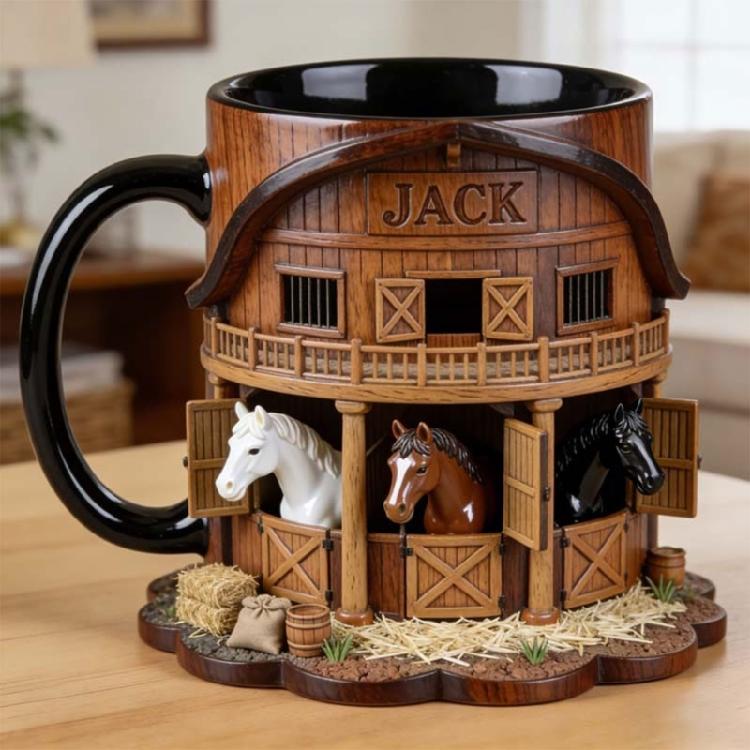 Artistic Equestrian Theme Drinking Cup Ceramic Coffee Mug With Flat 2D Print Horse Stable Pattern For Daily Use