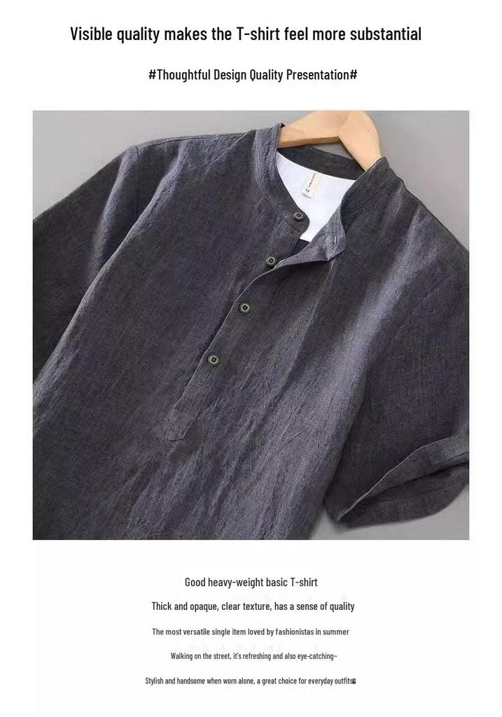 2025 Summer Men's Linen Henley Collar Lightweight Breathable Short-Sleeved Shirt