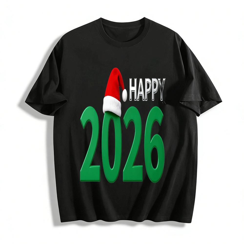 

Happy 2026 Santa Hat Print Casual Top Festive Holiday Sweatshirt Pure cotton T-shirt XXS