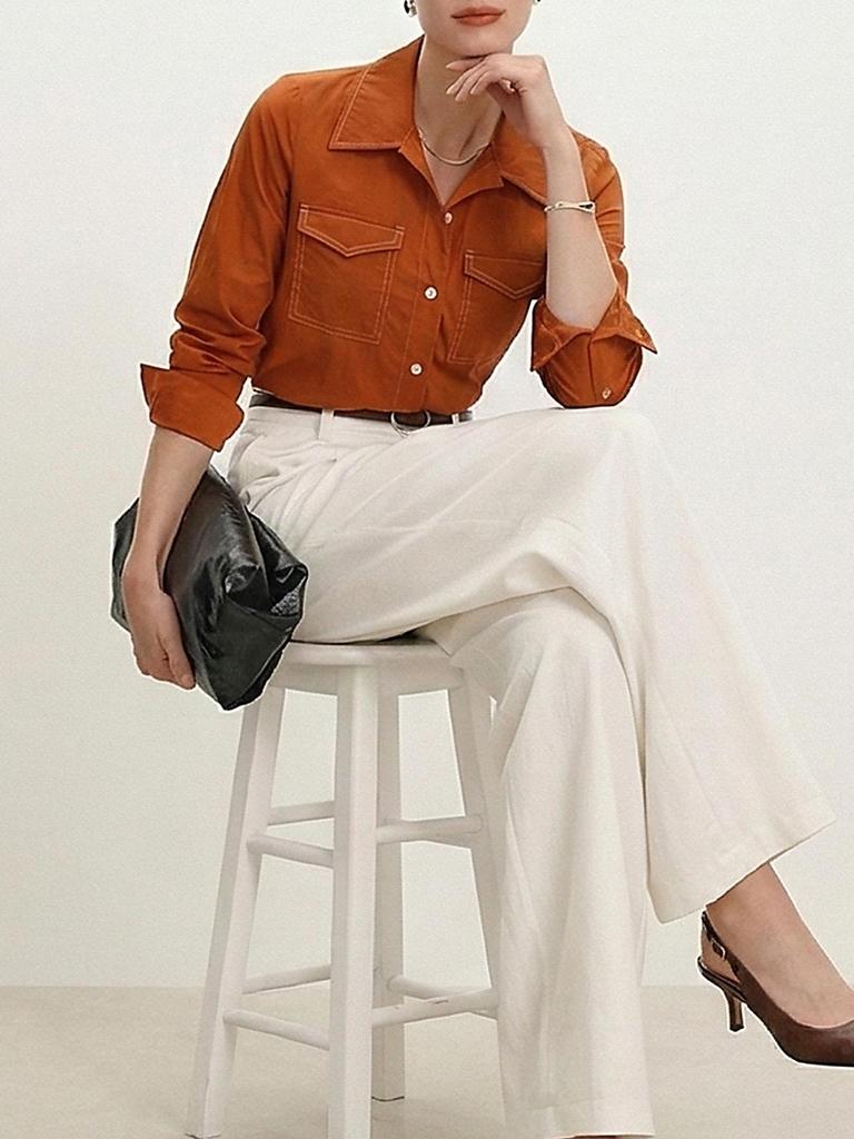 European and American Women's Retro Multi-Pocket Contrast Stitching Lapel Shirt - Casual Workwear Style