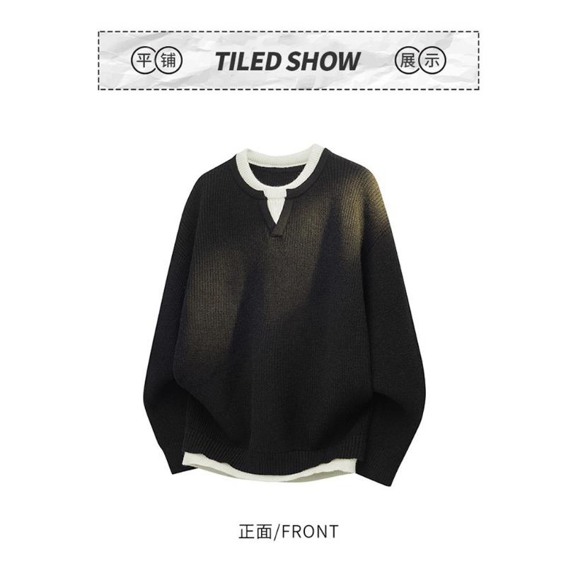 Mens Fake Two Piece Patchwork Thick Knit Loose Pullover Sweater