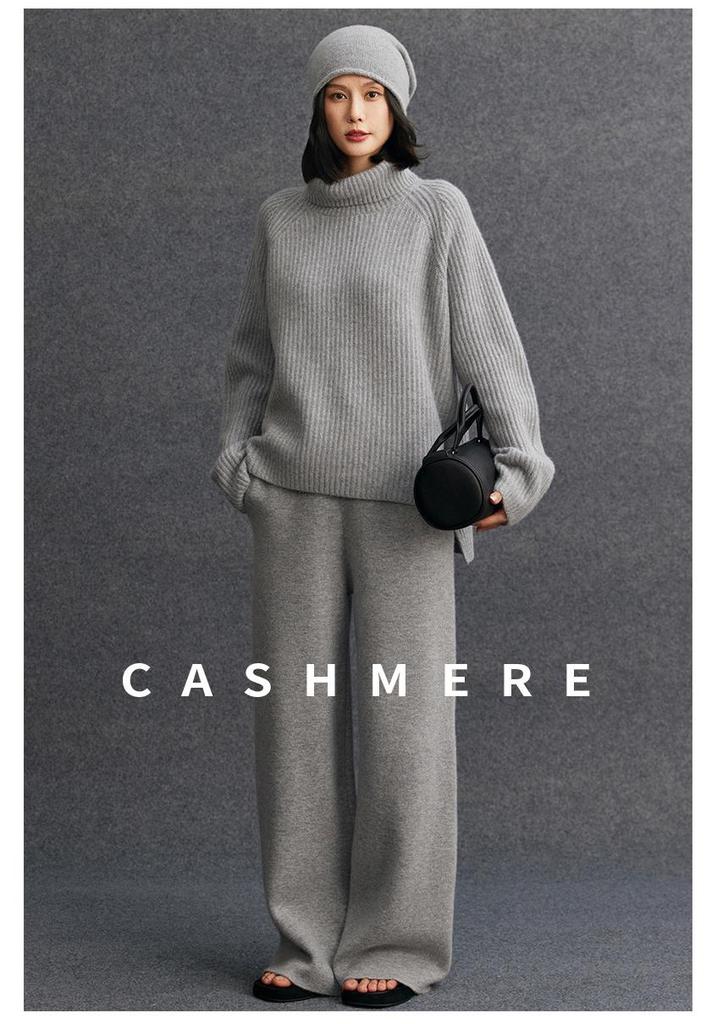 Women's High Neck Ribbed Knit Cashmere Sweater - Autumn/Winter Raglan Sleeve, Thickened Base Layer, Lazy Style