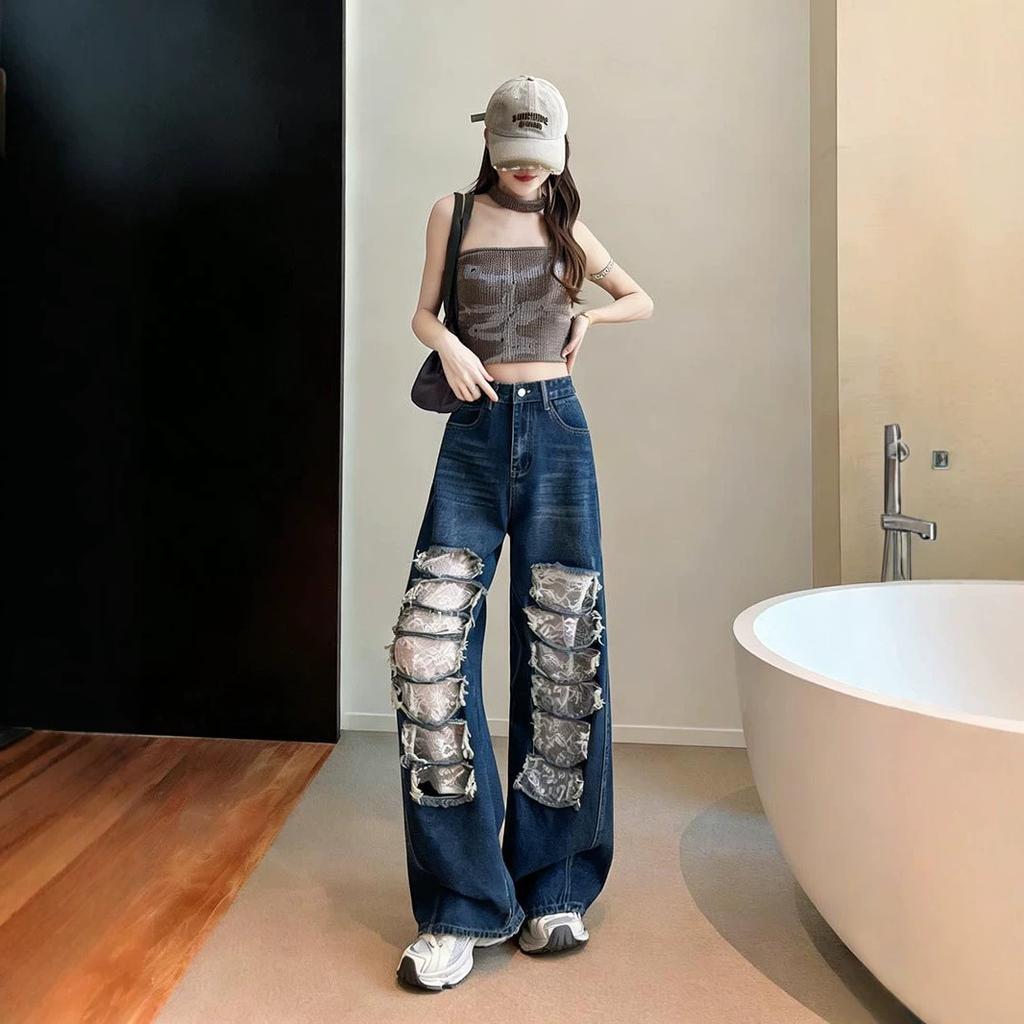 American ripped lace wide-leg jeans women's spring and summer new high-waisted loose personality trend straight pants
