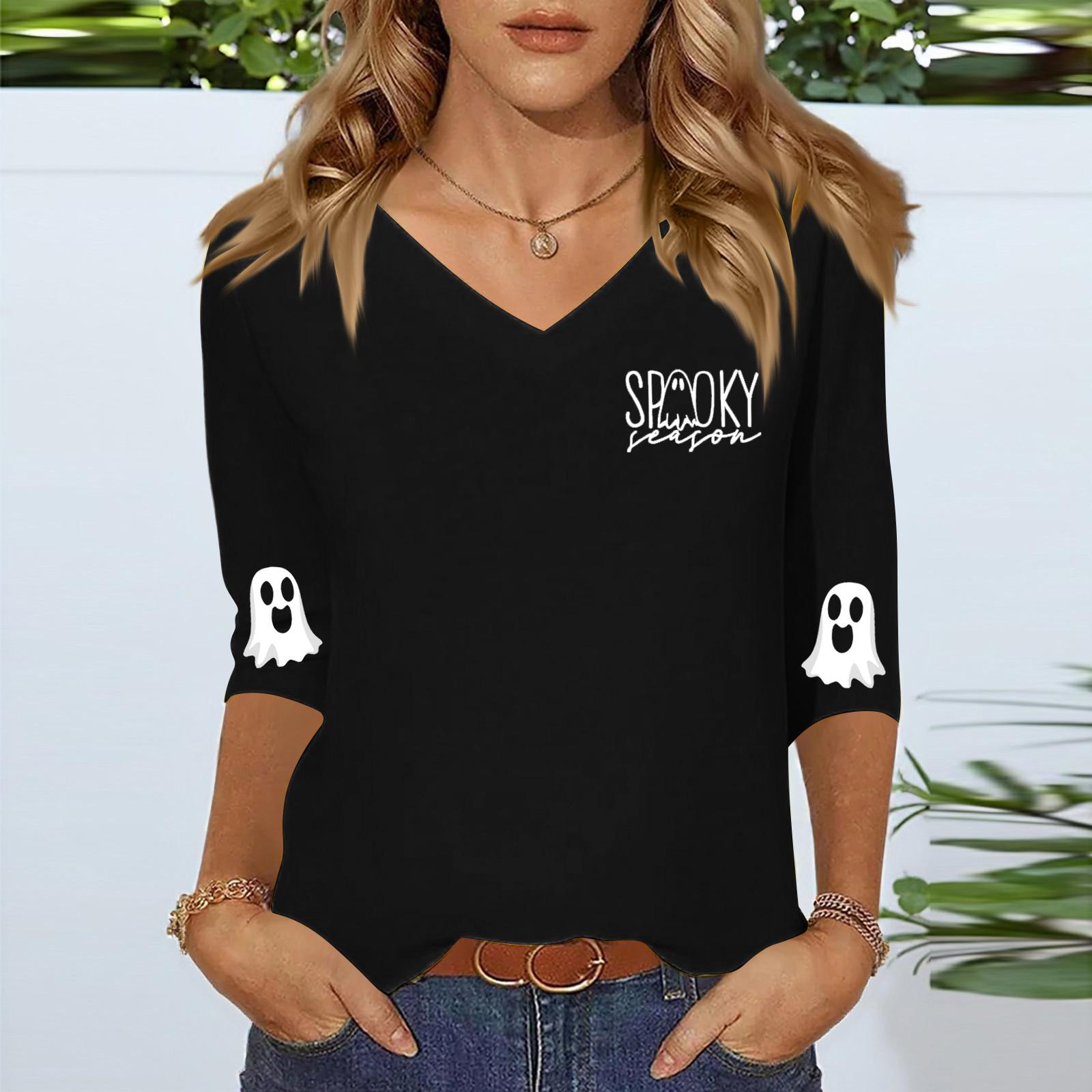 

Women s Three-quarter Sleeve Shirt V-neck Loose Casual Spooky Scason Halloween Print Top XL чёрный