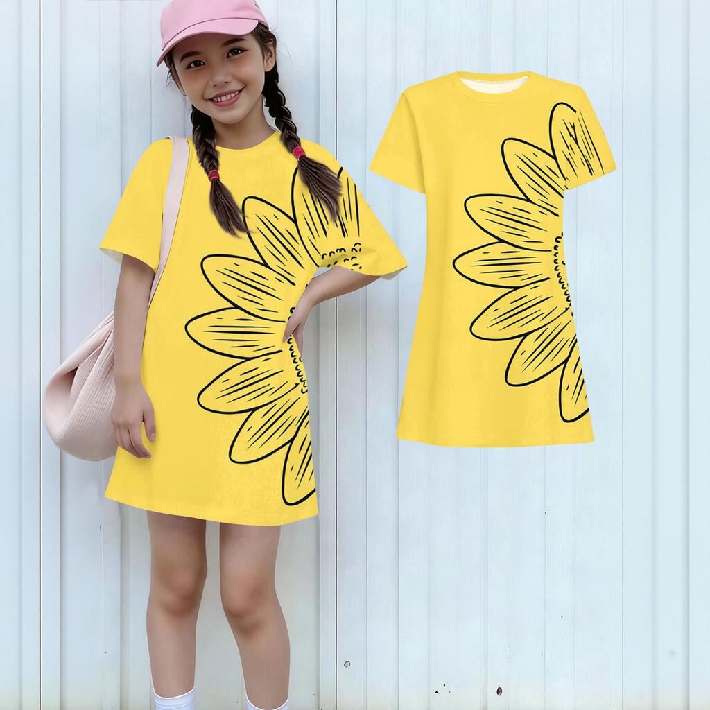 Girls Print Casual Dress Kids Loose Round Neck Short Sleeve Thin Sundress