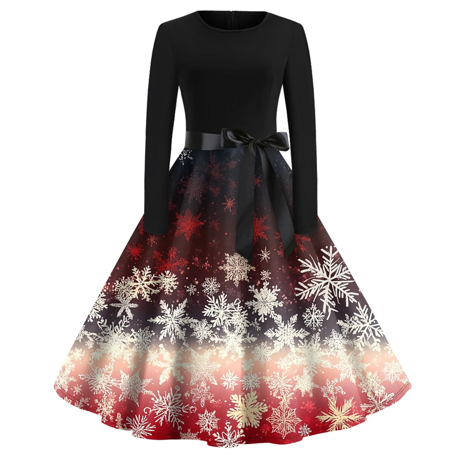 

Женское винтажное классическое платье с длинным рукавом и рождественским принтом, свободное платье с круглым вырезом M