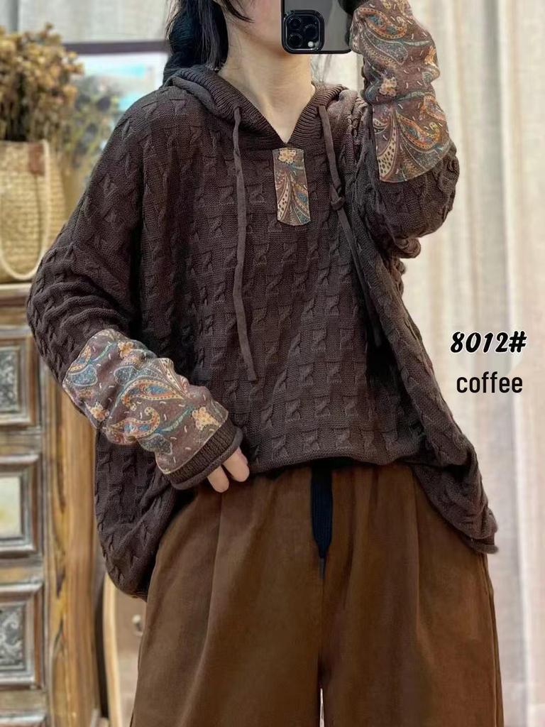 Autumn Digital Print Patchwork Hooded Cotton Sweater