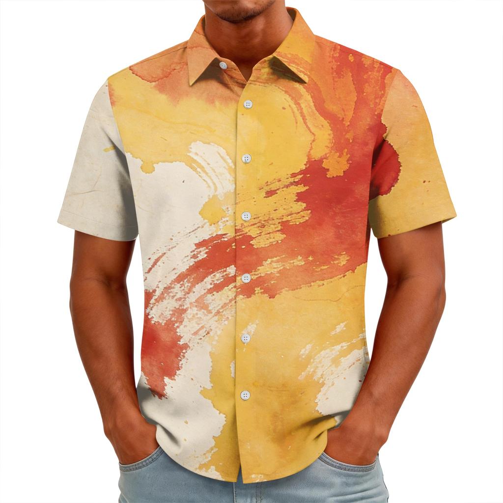 Men's Casual Short Sleeve Button Down Shirt Fashionable National Team Style Abstract Ink Print Summer Vacation Shirt