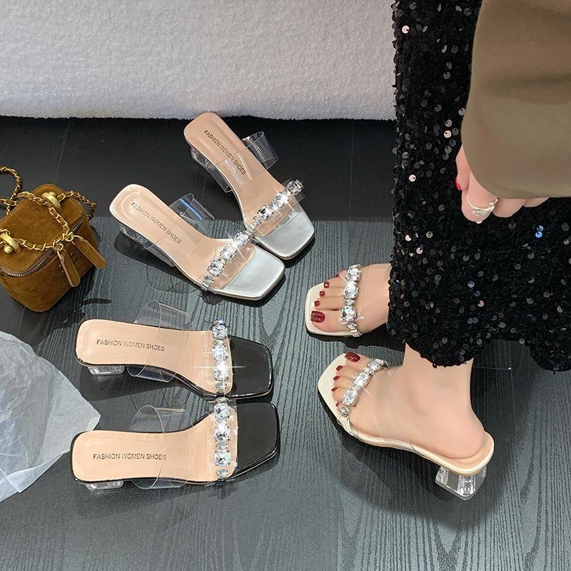 Rhinestone slippers women's fashion summer high sense transparent word with crystal thick heel high heel sandals