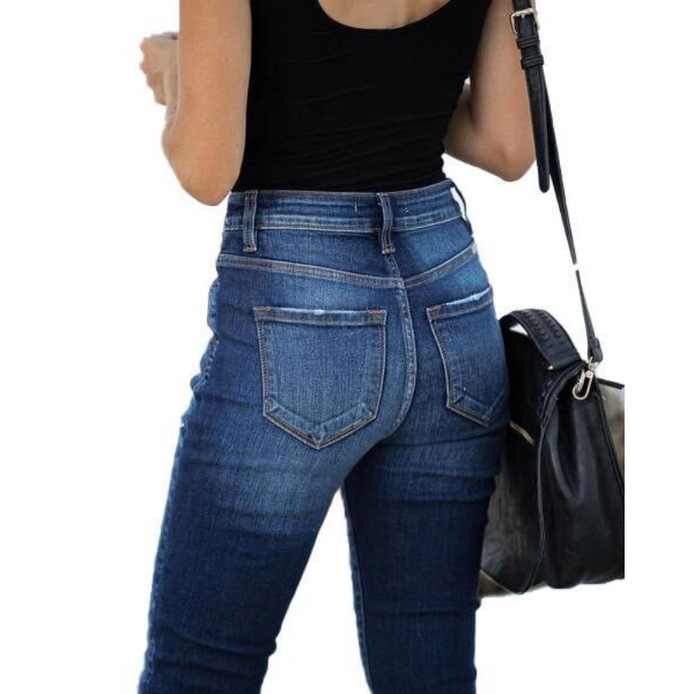 High-waisted Vintage Breasted Ripped Jeans with Small Feet