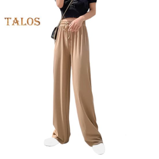 Damen-Hose aus Eisseide, elastisch, hohe Taille, verstellbarer Kordelzug, gerade Hose mit weitem Bein, einfarbig, lange Hose für den Alltag