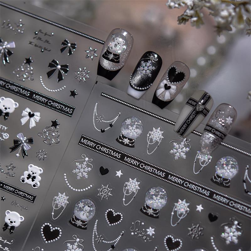 Pretty Snowflake Bow Crystal Ball Nail Art Sticker Embossment Self Adhesive Nail Sticker New Year Christmas Manicure Decals Gift