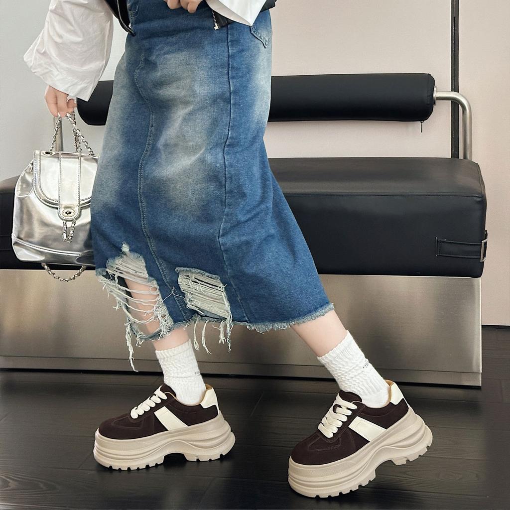 Frosted leather platform muffin shoes women's autumn new versatile fashion casual height-increasing sports shoes