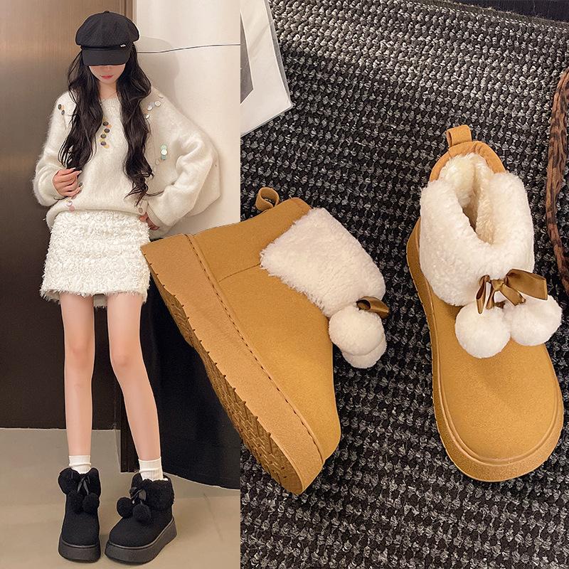 Cute Hairball Bow Thick-soled Snow Boots Women's Winter Warm Cotton Shoes Women's Hairy Mouth Short Boots Women's Large Size