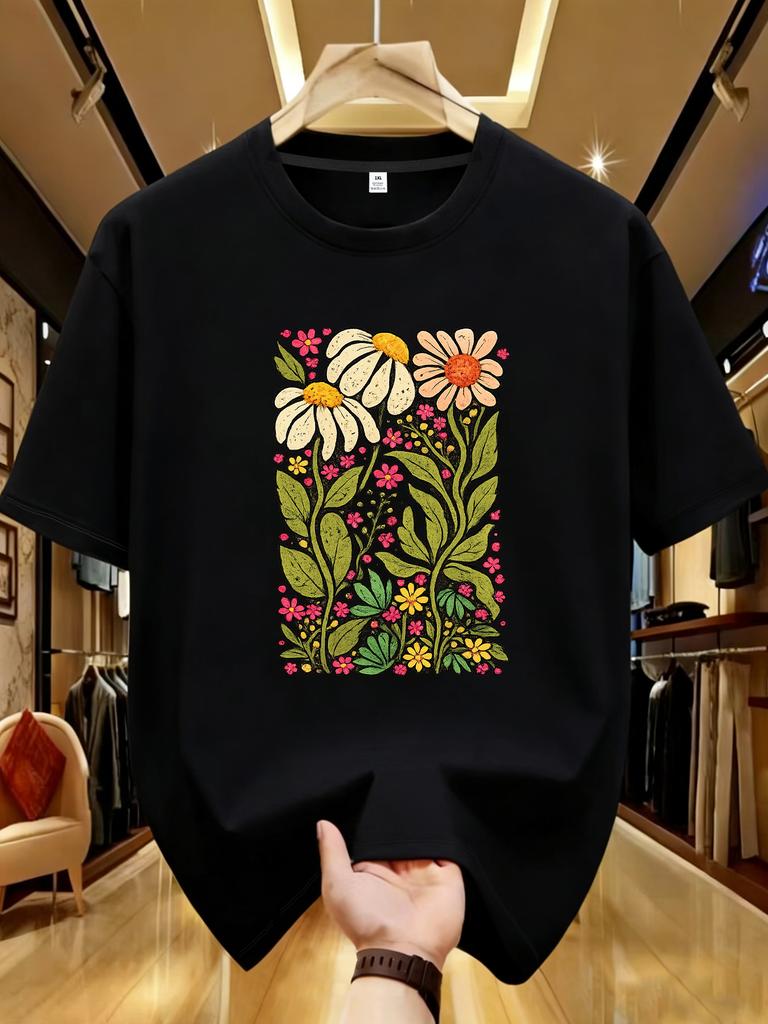 Wds0124daisy Floral Print Plus Size Unisexs Round Neck Tshirt Summer Casual Short Sleeved Top Street Fashion Versatile