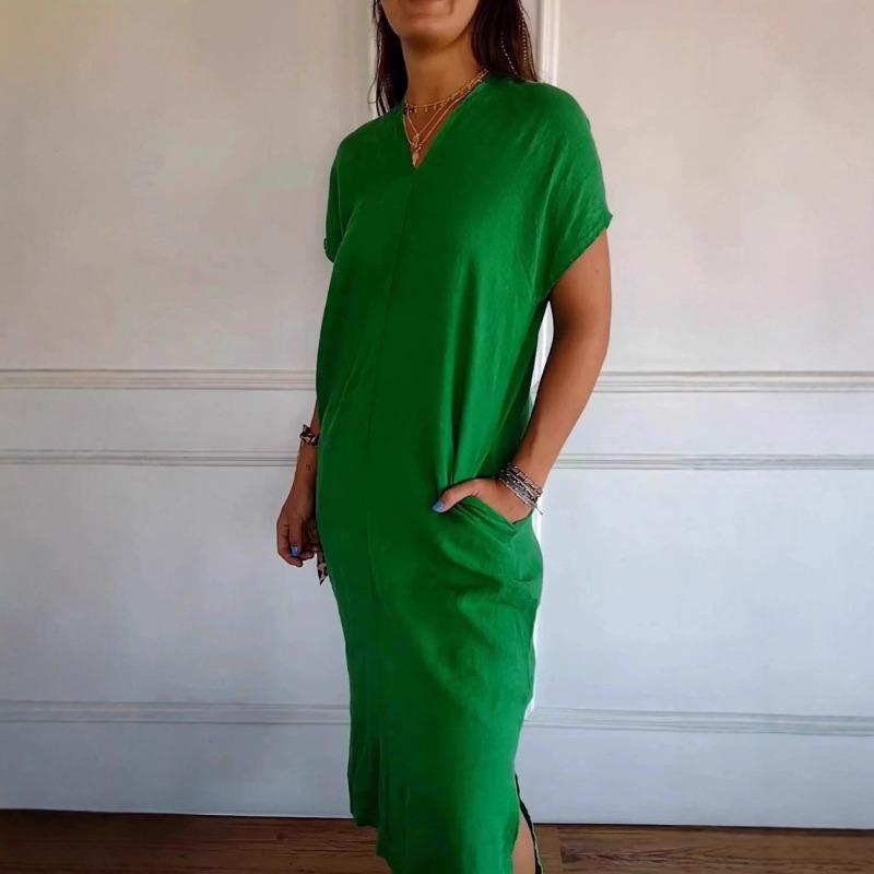 New Spring/Summer Women's V-neck Cotton-Linen Short-Sleeve Slit Loose-Fit Dress