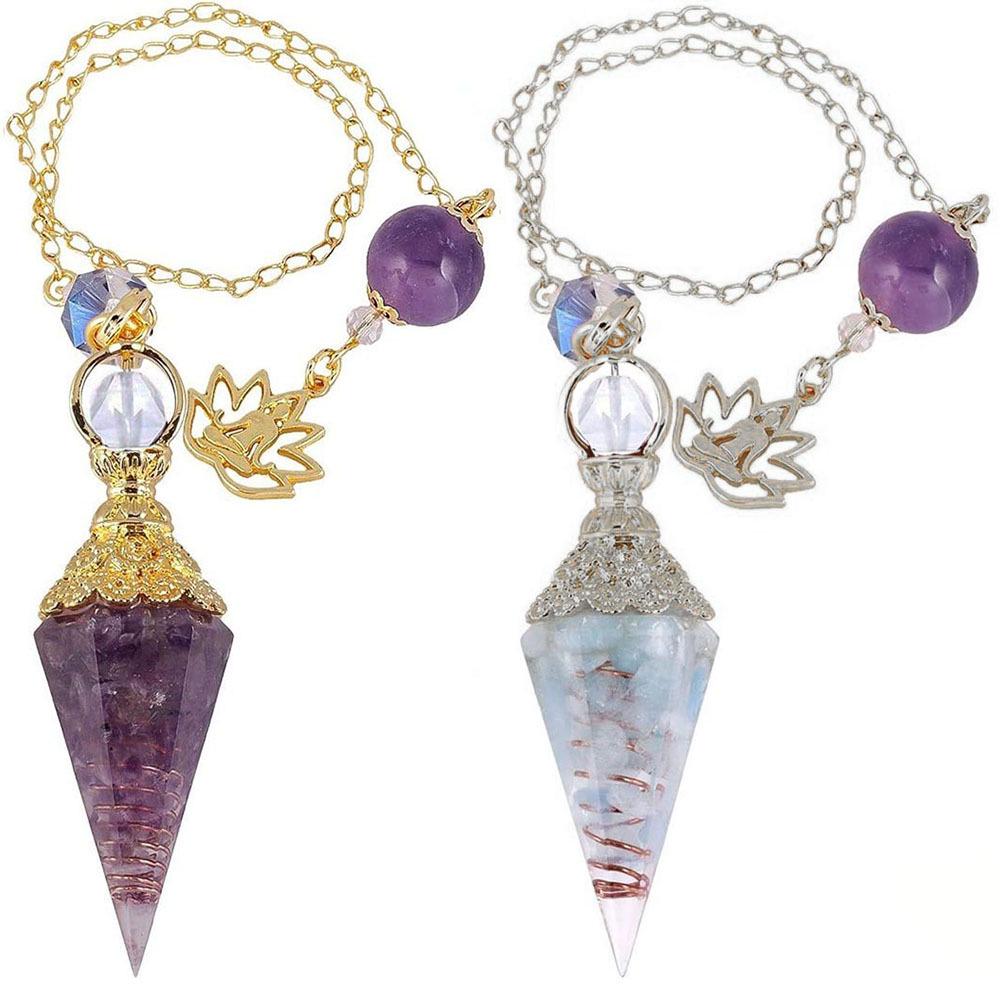 Antique Silver Seven Chakra Crystal Resin Pendulum with Semi-Precious Chips Pendant