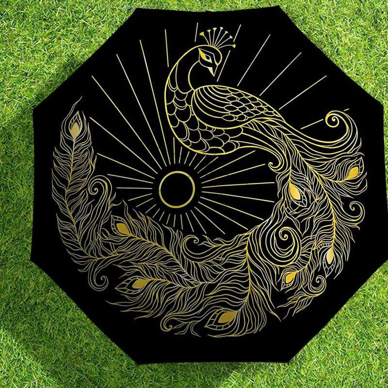 1pc Peacock Feather Automatic Folding Umbrella 8 Rib Iron Frame,  Suitable for Travel, Daily Use, Birthday, Women & Men Gift C1231048