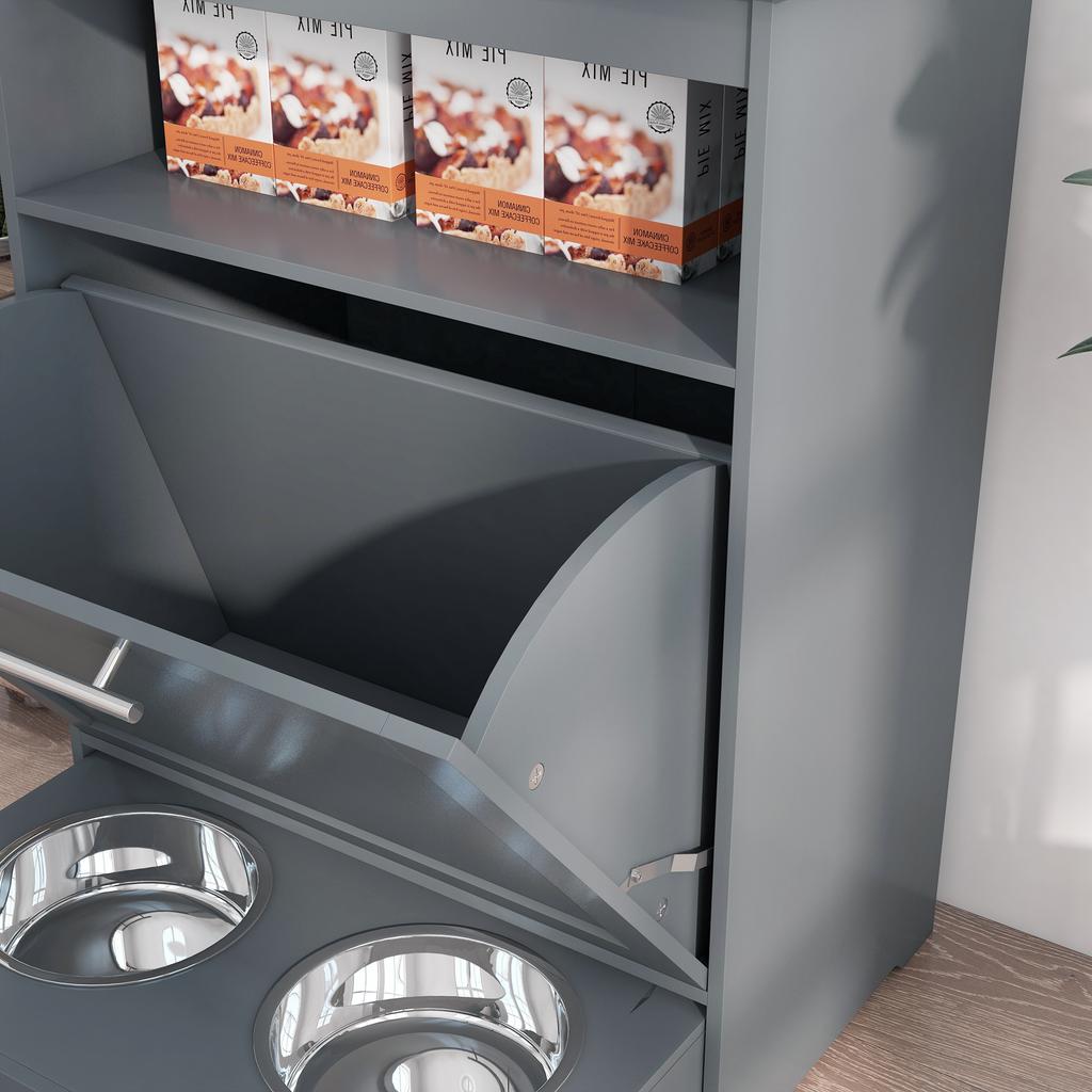 Pet Feeder Station, Dog, Cat Storage Container, with Raised Bowls, Hanger, Cabinet - Grey
