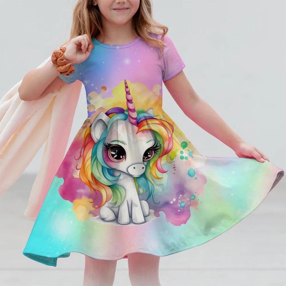 

Красочное платье с принтом единорога, с оборками на рукавах, для девочек, праздничные летние повседневные платья, одежда для девочек, подарок 160