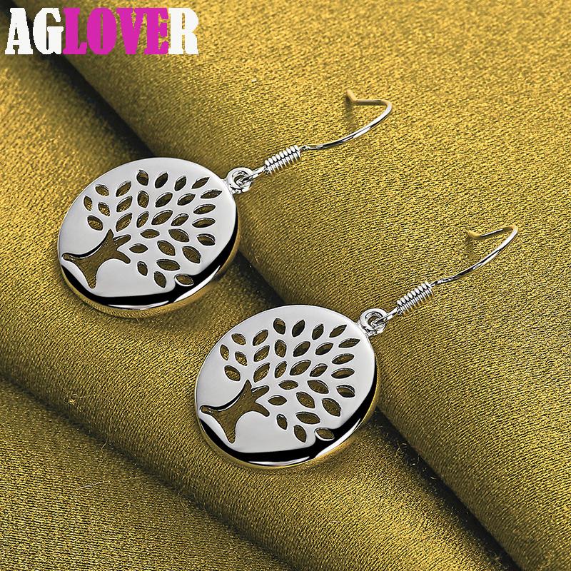 925 Sterling Silver Circle Tree Drop Earring Charm Jewelry