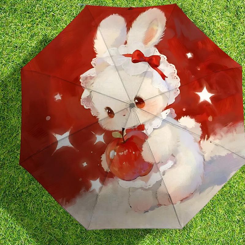 Adorable Bunny with Apple Print Umbrella - Auto Open/Closed, Outdoor Protection, Lightweight & Durable Travel Accessory 132