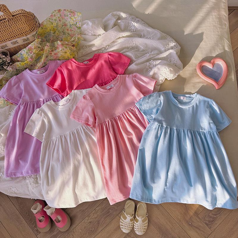 Girls Summer Solid Knit Short Sleeve Dress Loose Casual Cute Princess T Shirt Dress For Kids