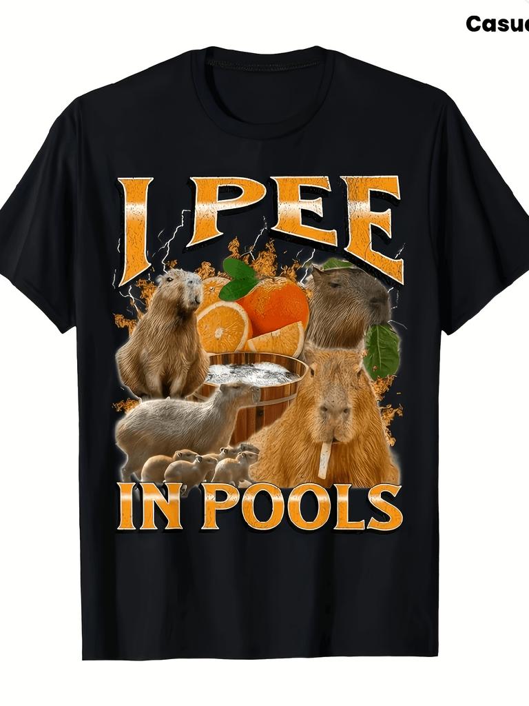 Unisex T-shirt I Pee In Pools Capybara Orange Funny Retro Meme Women Black Tee