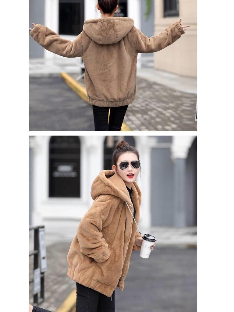 Chaqueta de Franela con Capucha de Largo Medio para Mujer - Estilo Coreano, Corte Holgado, Felpa, Cálida, Manga Larga