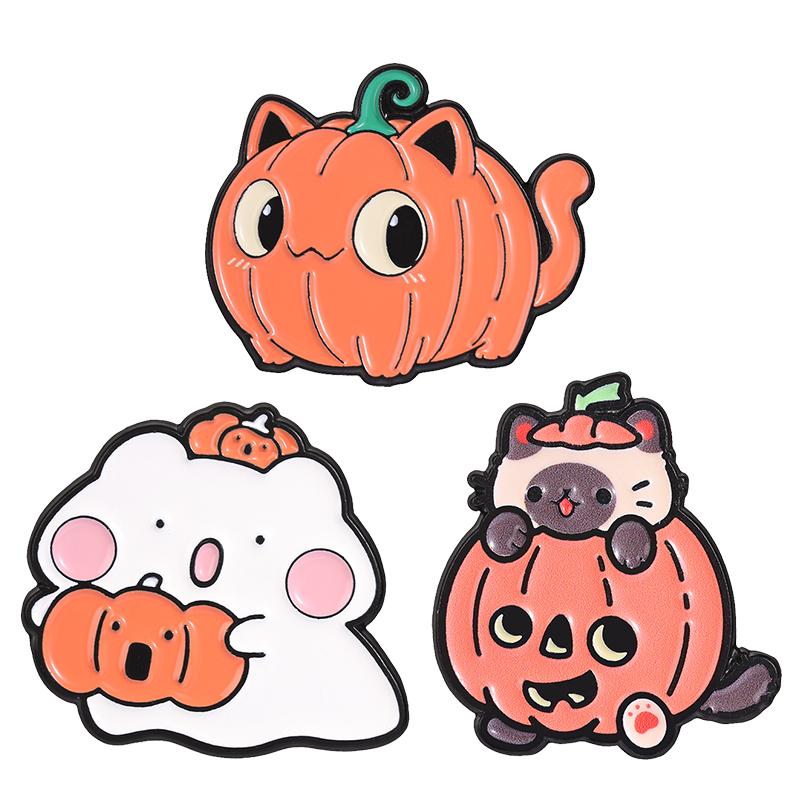Halloween Cat Ghost Badge Pumpkin Kitten Enamel Pins Spooky Jack‑o‑Lantern Brooch Cute Creepy Punk Accessories Decor Gift