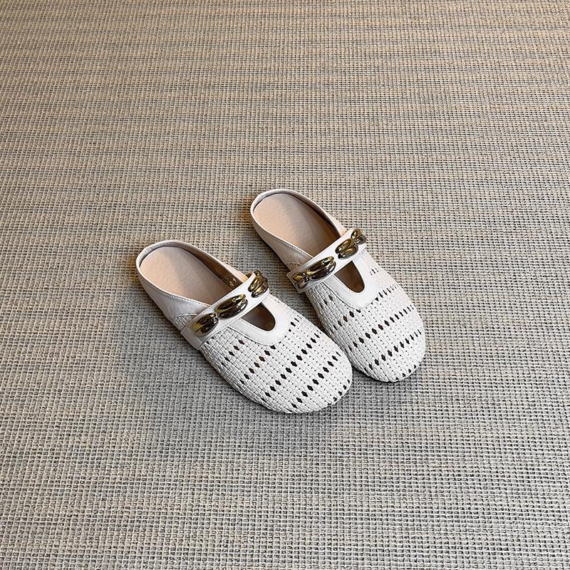 

Relaxation summer flat-bottomed cool slippers women s bag head retro woven hollow light luxury style one pedal outside wearing sandals women 35