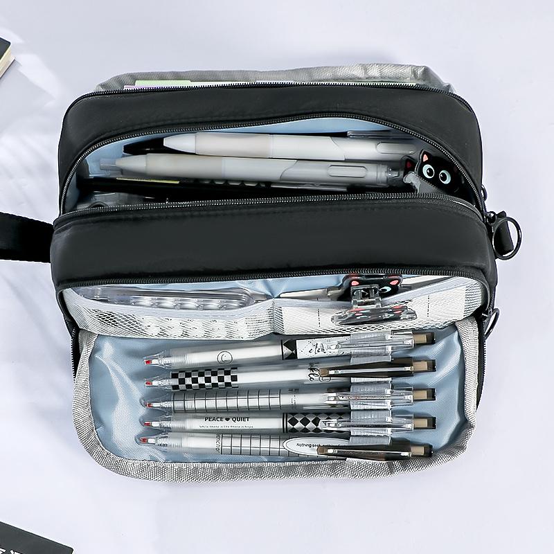 1pcs Dual-side Open Pen Bag Pencil Case 4 Compartments With Zipper & Portable Handle Storage Pouch for Stationery