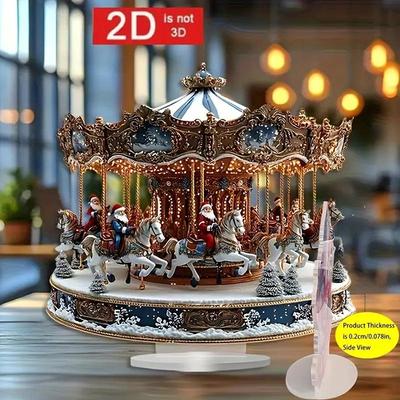 2D Flache Acryl Weihnachts-Tischdeko Anhänger mit Sockel Schneemann Haus Karussell-Design drehbar Innen/Außen Heim Büro Dekoration
