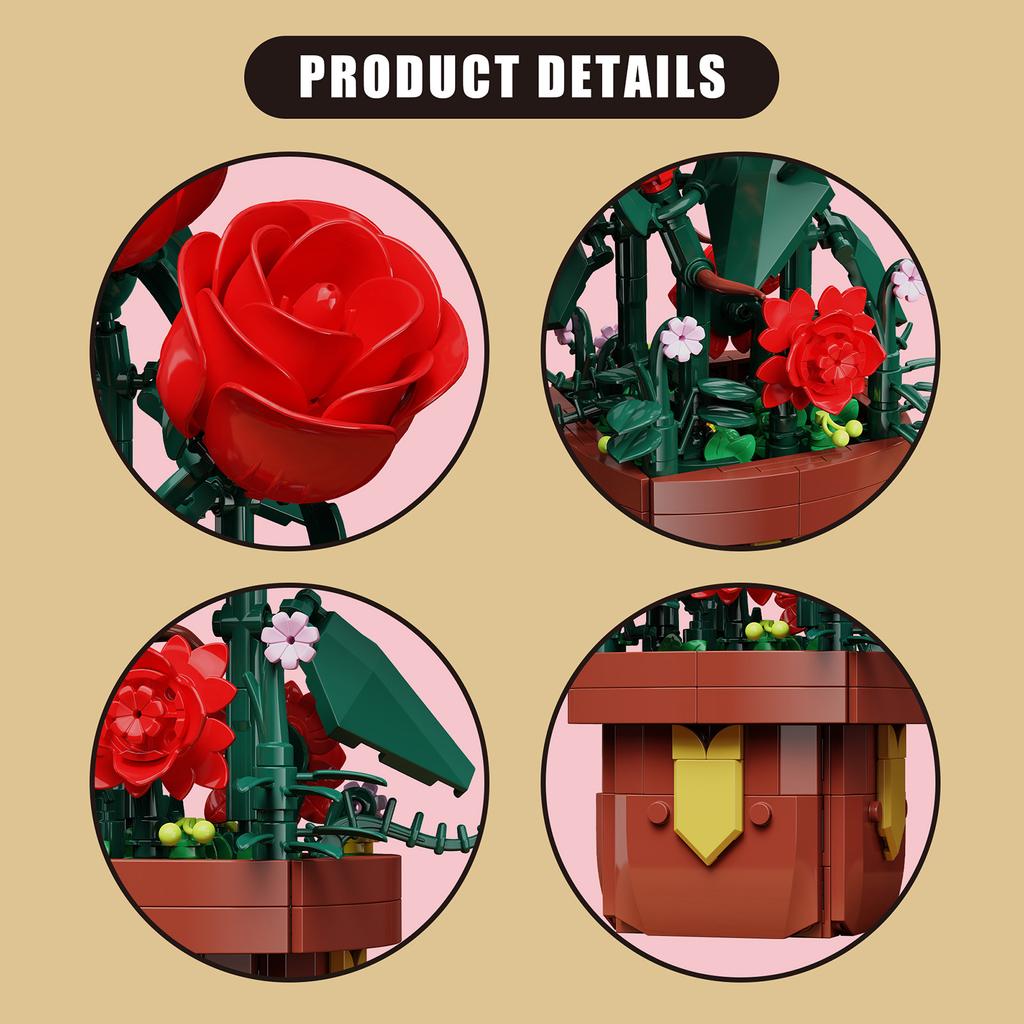 307PCS Rose Potted Plant Constructing Block Flower Playthings Sets Latest Year Christmas Birthday Presents
