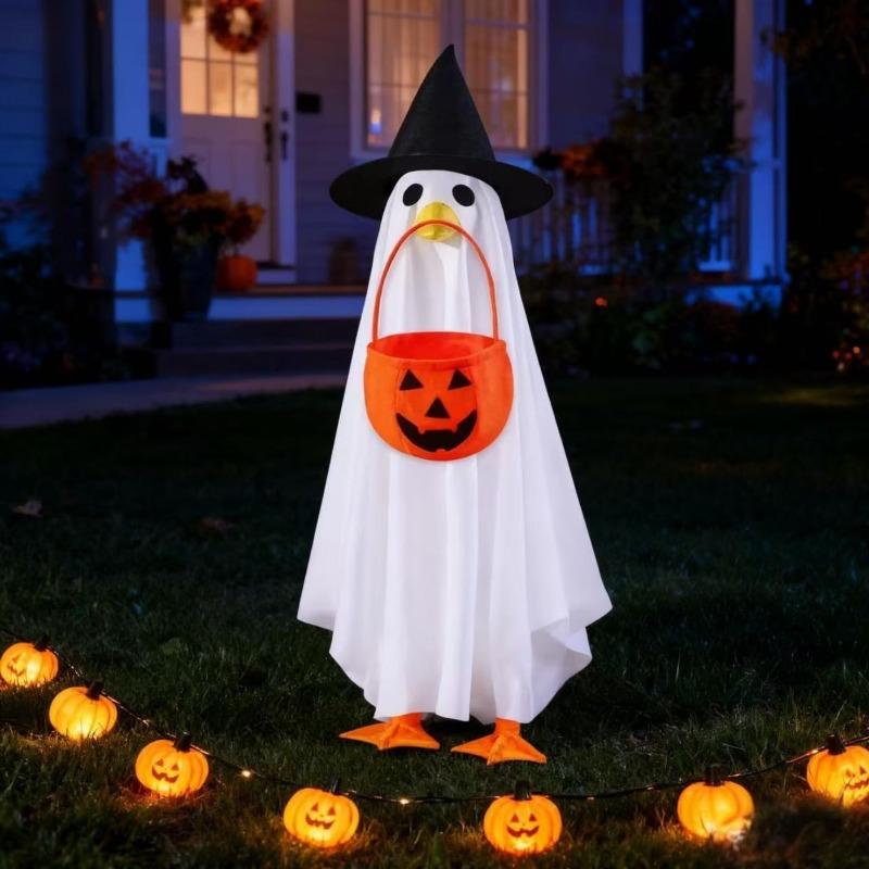 23 Inch Halloween Porch Goose Ghost Costume with Witch Hat and Pumpkin Basket for Porch Yard Holiday Decor