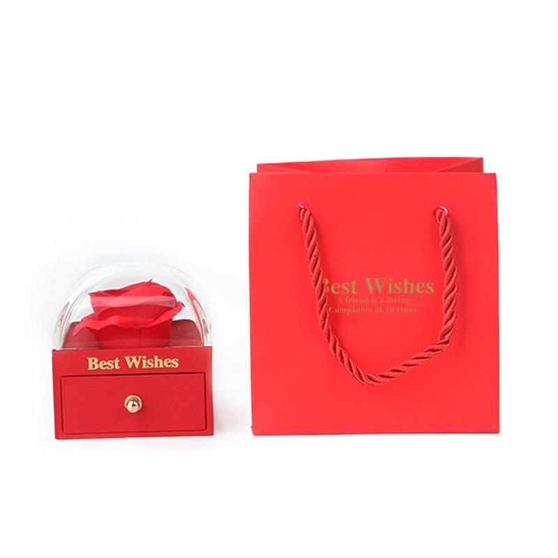 Macaron Color Jewelry Box with Soap Flower and Drawer - Holds Rings, Stud Earrings, and Necklace Pendants.