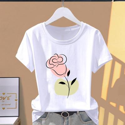 (Tamanho asiático) Camisetas de Manga Curta T Roupas Estilo Flor Tendência Fofo Anos 90 Moda Casual Estampa Feminina Casual Top Feminino Camiseta Gráfica