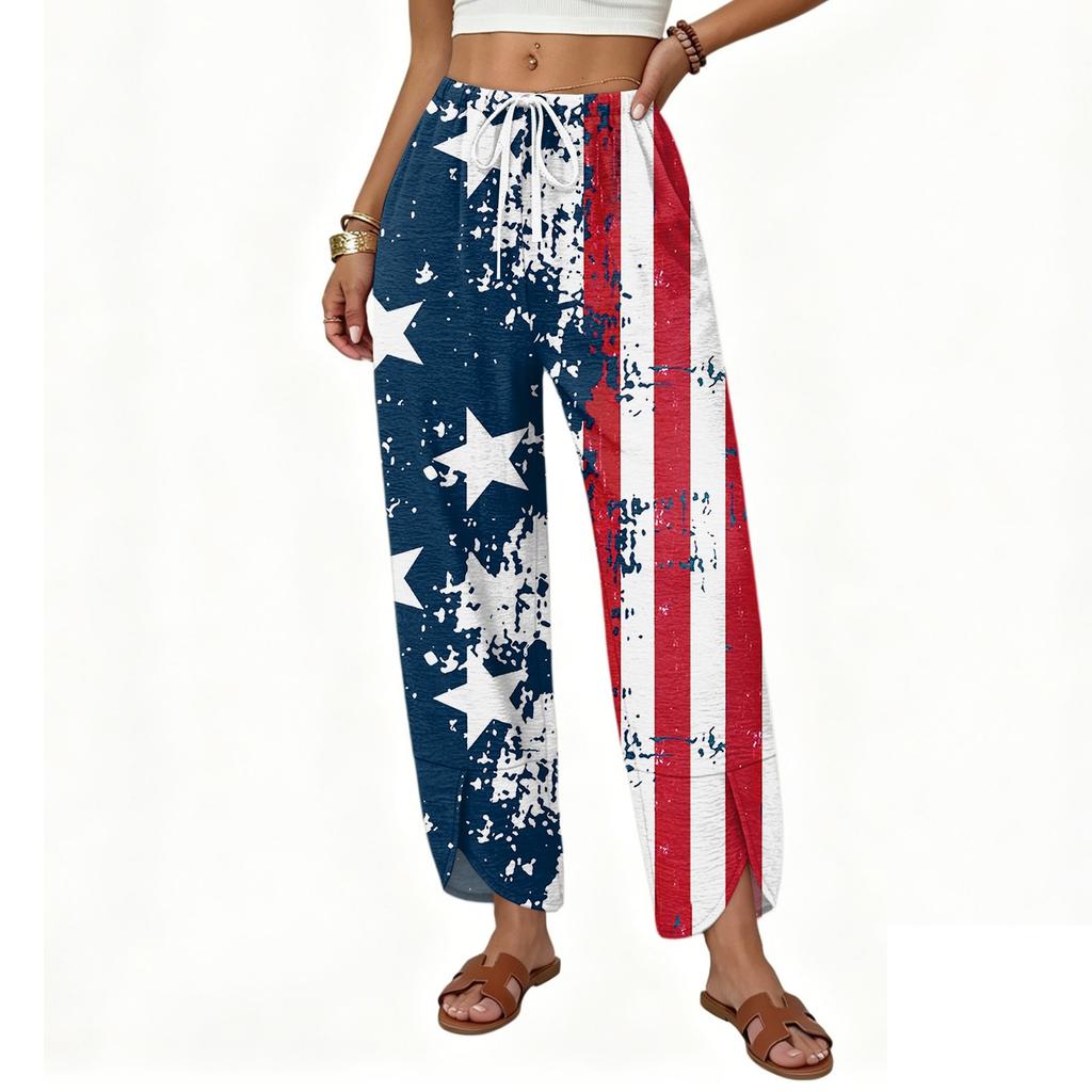 Women Casual Loose Straight Leg Wide Leg Drawstring Printed Long Pants with Pockets for Everyday Relaxed Wear