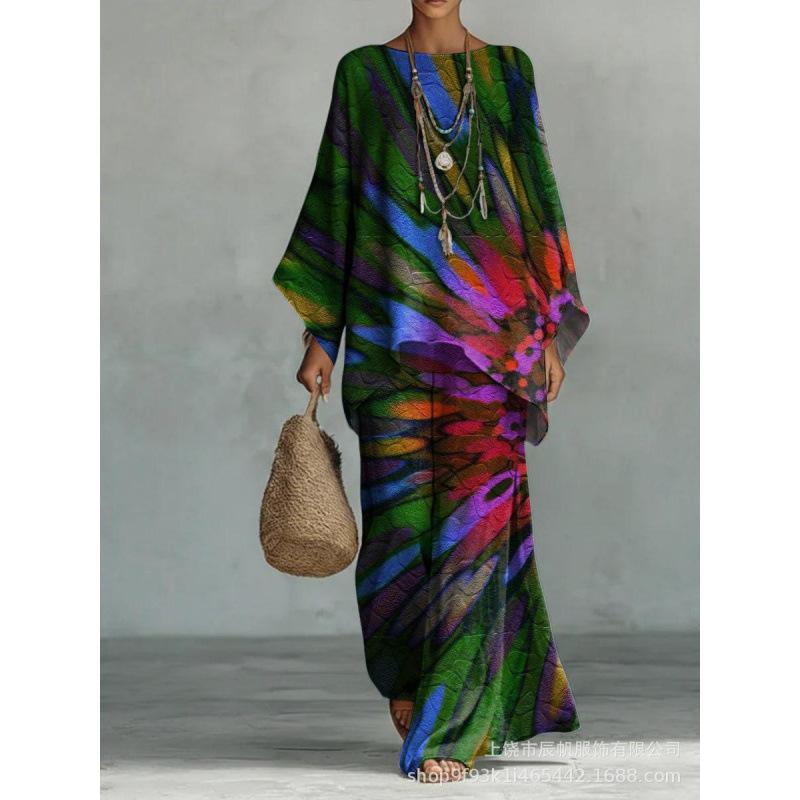 1116 European and American spring new printing temperament round neck versatile casual loose two-piece set