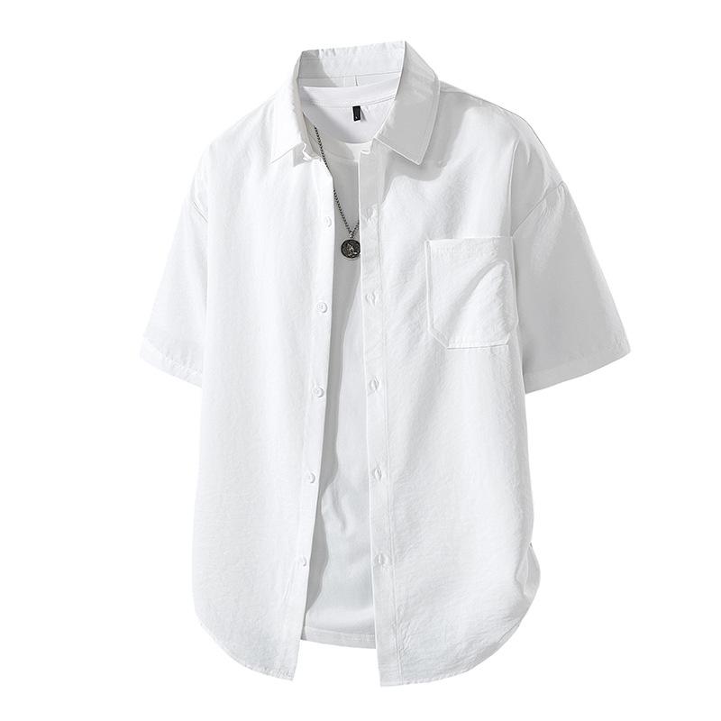 Casual Men's Short Sleeve Shirt Summer Pure Color Loose Fit Collared Jacket Versatile Japanese Style Fresh and Clean
