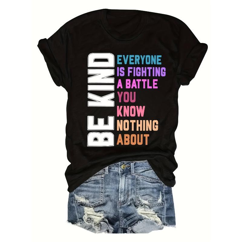 

Plus Size BE KIND Colorful Letter Print T-Shirt Round Neck Short Sleeve Tee 4XL чорний