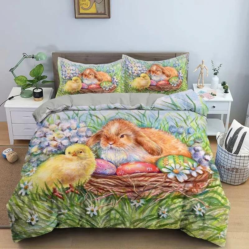 Cartoon Rabbit King Queen Duvet Cover Pet Animal Carrot Bedding Set for Kids Easter Theme Bule Polyester Quilt Cover