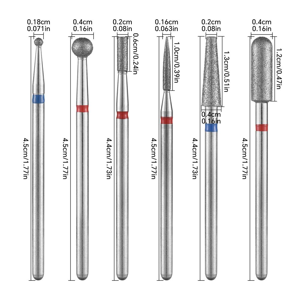 6pcs Nail Dill Bits Diamond Milling Cutter for Manicure 3/32" Burr Electric Nail File Cuticle Remover Tool
