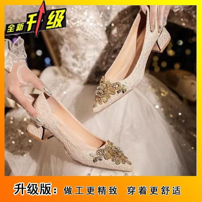 Niche high-end thick-heeled wedding shoes women's fashion versatile banquet rhinestone temperament high-heeled shoes women's 2025 spring and summer n