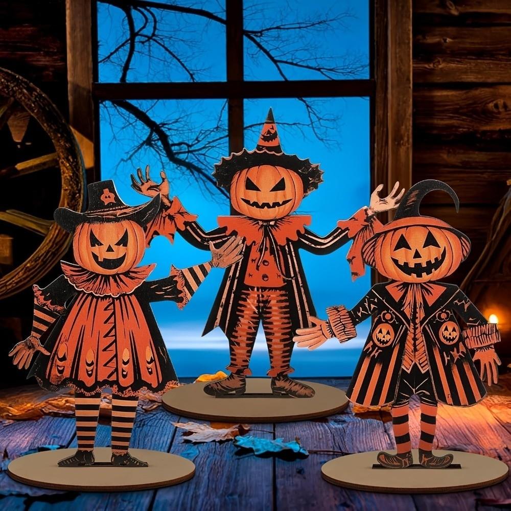 3Pcs Wooden Halloween Pumpkin Ornament 2D Flat Pumpkin Scarecrow Party Sign  Farmhouse Setting